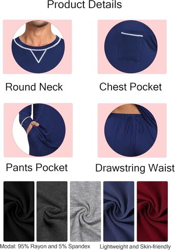 SWOMOG Mens Pajamas Set Modal Long Sleeve Sleepwear Crew Neck Pjs 2 Piece Loungewear Nightshirt Top & Pants with Pockets in Saudi Arabia