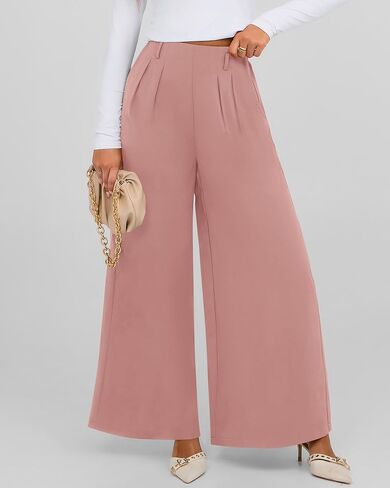 BTFBM Women's Elegant Flowy Dress Pants Front Pleated High Waisted Casual Wide Leg Loose Palazzo Trousers with Pockets in Kuwait