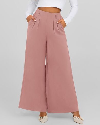 BTFBM Women's Elegant Flowy Dress Pants Front Pleated High Waisted Casual Wide Leg Loose Palazzo Trousers with Pockets in Kuwait