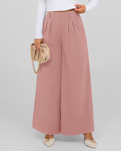 BTFBM Women's Elegant Flowy Dress Pants Front Pleated High Waisted Casual Wide Leg Loose Palazzo Trousers with Pockets in Kuwait