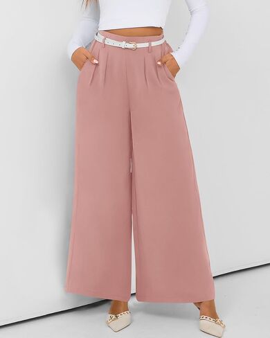 BTFBM Women's Elegant Flowy Dress Pants Front Pleated High Waisted Casual Wide Leg Loose Palazzo Trousers with Pockets in Kuwait