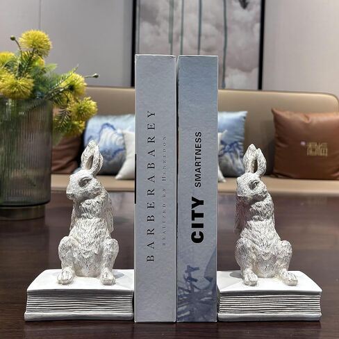 Book Ends for Shelves to Hold Books Hevay Duty,Decorative Bookends for Bookshelf Décor,Cute Animal Rabbit Book Stopper Easter Bunny Statues for Home, Office Desk, Living Room Decoration,1 Pair (white) in Saudi Arabia