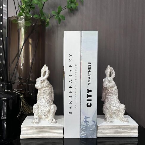 Book Ends for Shelves to Hold Books Hevay Duty,Decorative Bookends for Bookshelf Décor,Cute Animal Rabbit Book Stopper Easter Bunny Statues for Home, Office Desk, Living Room Decoration,1 Pair (white) in Saudi Arabia