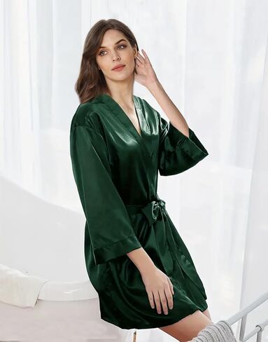 Womens Satin Kimono Robe Silk Robes Floral Bathrobe Bride Bridesmaid Wedding Silky Bridal Dressing Gown Loungewear in Kuwait