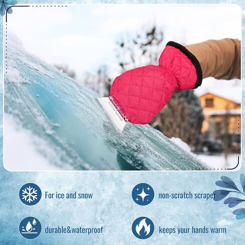WILLBOND Ice Scraper with Glove Waterproof Car Windshield Scraper No Scratch Comfortable Glove Ice Scraper Windproof Warm Car Scraper Mitt for SUV Vehicle Truck Snow Quickly Removal (Hot Pink) in Saudi Arabia