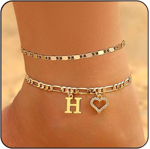 Initial Ankle Bracelets for Women Waterproof 14K Gold Plated Dainty Layered Figaro Chain Letter Initial CZ Heart Ankle Bracelets Set Summer Beach Jewelry for Women in Saudi Arabia