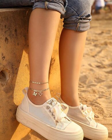 Initial Ankle Bracelets for Women Waterproof 14K Gold Plated Dainty Layered Figaro Chain Letter Initial CZ Heart Ankle Bracelets Set Summer Beach Jewelry for Women in Saudi Arabia