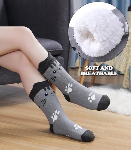 FNOVCO Cat Slipper Socks for Women with Grippers Fuzzy Soft Thick Winter Cozy Indoor Non Slip Warm Socks in Kuwait