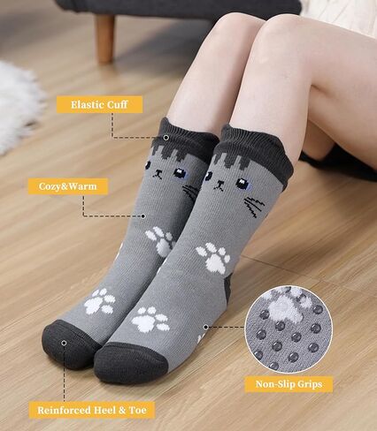 FNOVCO Cat Slipper Socks for Women with Grippers Fuzzy Soft Thick Winter Cozy Indoor Non Slip Warm Socks in Kuwait