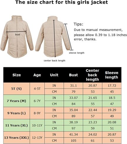 Floral Find Girls Long Sleeve Winter Jacket Coats Zip Up Stand Collar Corduroy Quilted Outerwear Jackets with Pocket in Kuwait