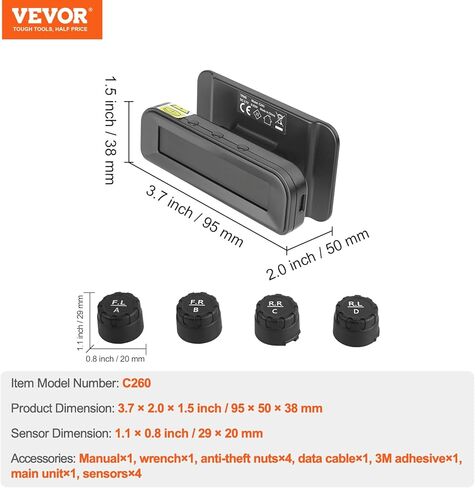 VEVOR RV Tire Pressure Monitoring System, 7.3-87 PSI Trailer TPMS Tire Pressure Monitor with 4 Sensors, 5 Alarm Modes, Real-time Display, Easy to Install in Kuwait