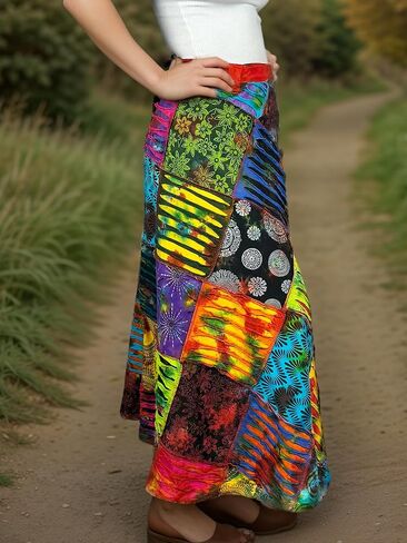 Agan Traders Women's 2024 Fall Distressed Boho Gypsy Hippie Patched Skirt - Adjustable Wrapper Long Skirts for Women in Kuwait
