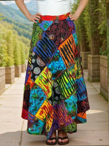 Agan Traders Women's 2024 Fall Distressed Boho Gypsy Hippie Patched Skirt - Adjustable Wrapper Long Skirts for Women in Kuwait