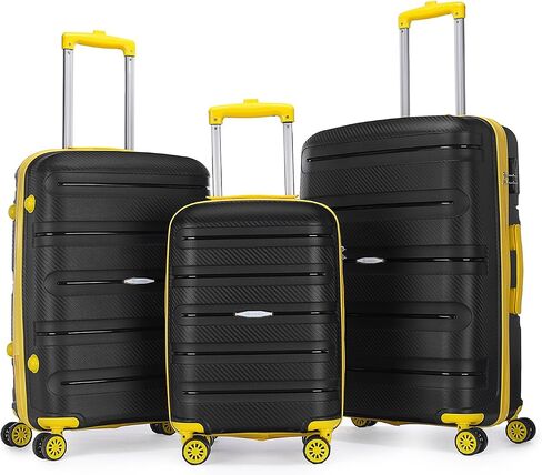 Voyager Trilogy Luggage Set - 3-Piece Hardshell Suitcases with 360 Spinner Wheels - Lightweight, Expandable in Red, Yellow, Blue, Purple, Green, Gold, Black (Black (Yellow Stripe) Set) in Saudi Arabia