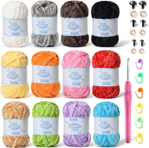 12 Pack 590 (yd) Chunky Chenille Yarn for Crocheting and Hand Knitting with Black Red White Green Yellow Orange Plush Velvet Yarn，Baby Blanket Yarn for Crocheting Soft Amigurumi Yarn in Kuwait