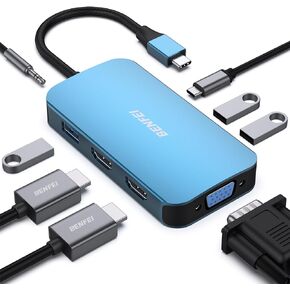 BENFEI USB C MST HUB 8in1 with USB-C to 2*HDMI/1*VGA, to 3*USB 3.0/100W Power Delivery/3.5mm Aux Audio, Compatible with iPhone 15 Pro/Max, MacBook Pro 2023/2022/2021/2020, Surface Book and More