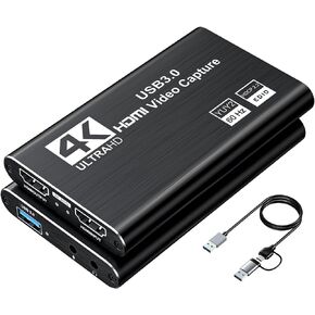 Video Capture Card, Audio Video Capture Card, USB 3.0 Capture Card 4K HDMI Loop-Out, 1080P 60FPS/2K 30FPS Video Game Capture for Streaming Works for PS5/Switch/Camera/PC/OBS