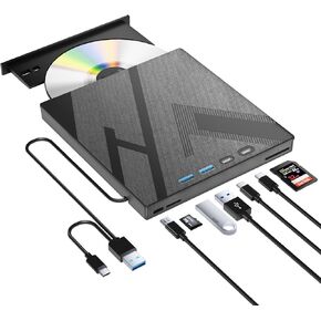 7 in 1 External Blu-ray Drive, USB 3.0 Type-C Optical External Blueray/DVD Drive Burner with SD/TF Port, Support 100G Bluray Disc R/W for PC Compatible with Windows XP/7/8/10/11 Mac Laptop Desktop