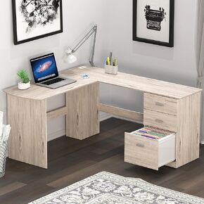 SHW L-Shaped Home Office Wood Corner Desk with 3 Drawers, Maple in Kuwait