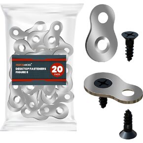 20 Pack Figure 8 Shaped Steel Desk Top Fastener Clip, Heavy Duty Figure-Eight Fasteners Table Top Connector or Desk Top Fastener Clip, Solid Steel with Nickel Screws