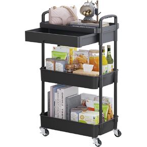 3-Tier Rolling Utility Cart with Drawer,Multifunctional Storage Organizer with Plastic Shelf & Metal Wheels,Storage Cart for Kitchen,Bathroom,Living Room,Office,White