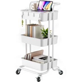 Pipishell 3 Tier Rolling Cart with Table Top, Utility Cart with Wheels & 4 Hooks, Rolling Storage Cart for Home Storage and Organization, White, PIUC09W