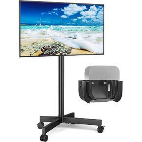 Mobile TV Cart Rolling Floor Stand with Apple TV/Roku Ultra Mount for 23-60 Inch LCD LED OLED 4K Smart TVs up to 88 lbs, Height Adjustable Outdoor Metal Trolley Stand and Tilt Mount for Home Office