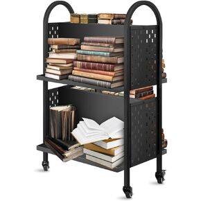 Rolling Library Book Cart – Moveable Book Organization Solution with Lockable Wheels, 34" Tall and Double-Sided for More Storage Space – 100 LBS Capacity, Compact & Lightweight – Rust-Proof & Durable