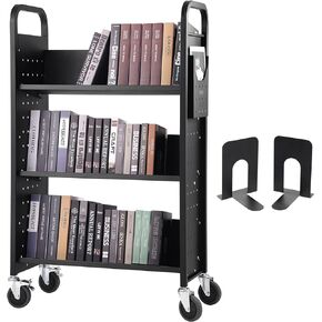 VEVOR Book Cart, 330 lbs Library Cart, 31.1" x 15.2" x 49.2" Rolling Book Cart, Single Sided V-Shaped Sloped Shelves with 4-Inch Lockable Wheels for Home Shelves Office and School, Book Truck in Black