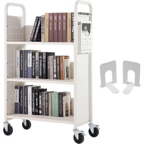 Book Cart, 330 lbs Library Cart, 31.1" x 15.2" x 49.2" Rolling Book Cart, Single Sided L-Shaped Flat Shelves with 4-Inch Lockable Wheels for Home Shelves Office and School, Book Truck in White