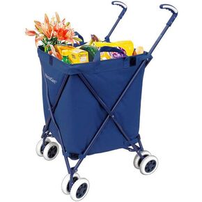 Transit -The Original Patented Folding Shopping and Utility Cart, Water-Resistant Heavy-Duty Canvas with Cover, Double Front Swivel Wheels, Compact, Transport Up to 120 Pounds, Blue