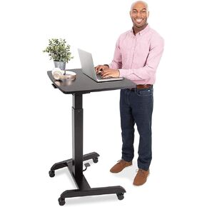Stand Steady Multifunctional Mobile Podium Desk | Portable Sit to Stand Lectern with Pneumatic Height Adjustment & Tilting Desktop | Rolling Laptop Stand | Mobile Desk for School, Home, Office (Black)
