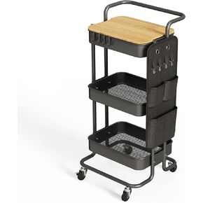 DTK 3 Tier Metal Utility Rolling Cart with Table Top and Side Bags, Tray Storage Organizer Wheels, Art Craft 4 Hooks for Kitchen Bathroom Office Living Room (Black) in Kuwait