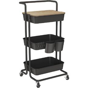DTK 3 Tier Metal Utility Rolling Cart with Table Top and Side Bags, Tray Storage Organizer Wheels, Art Craft 4 Hooks for Kitchen Bathroom Office Living Room (Black)