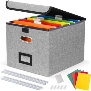 2Pack File Storage Organizer with 10 Hanging Folders & Plastic Slide, Collapsible Linen File Box with Lid for Office, Home, Moving, Portable File Storage Organizer for Letter/Legal Size, Pink
