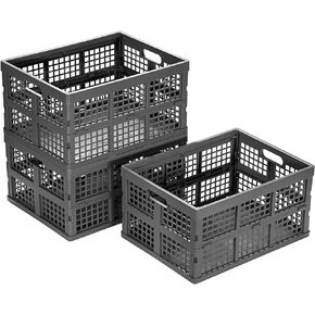 Eslite 34L Large Plastic Folding Storage Crates,Collapsible Crates for Storage,Pack of 3 (Black)