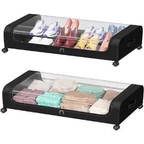 INVOCOO® 2 Pack Under Bed Storage with Wheels, Under Bed Storage Containers, Underbed Storage with Clear Lid, Handles, Rolling Under Bed Shoe Storage & Under Bed Storage Drawers for Clothes Toys Shoes