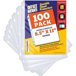 Office Werks 100 Clear Sheet Protectors, 8.5x11 Inch for 3 Ring Binder, Plastic Sheet Sleeves, Top Loading Paper Protector with Reinforced Holes, Archival Safe for Documents and Photos