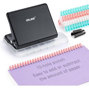 IMLIKE 10-Hole Binding Machine for Planners - Metal Manual Binding System with 10 Multi-Color 30-Hole Loose Leaf Binding Spines - Punches 26 Holes on B5, 30 Holes on A4, 20 Holes on A5 Paper - Black