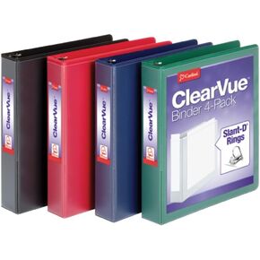 Cardinal 1.5 Inch 3 Ring Binder, D Ring, Assorted, Black, Red, Blue, Green 4 Pack, Holds 375 Sheets (29300)
