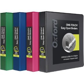 Oxford 3 Ring Binders, 1.5 Inch ONE-Touch Easy Open D Rings, 3-Sided View Binder Covers, Xtralife Hinge, Non-Stick, PVC-Free, Assorted Colors, 375-Sheet Capacity, 4 Pack (79907)