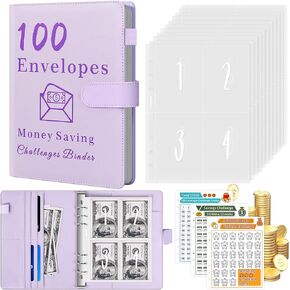 Huhuhero 100 Envelopes Money Saving Challenge, A5 Money Saving Binder with Cash Envelopes, 3 Budgeting Planner Trackers Savings Budget Book, Money Organizer Gifts for Teen Family Friends, Purple