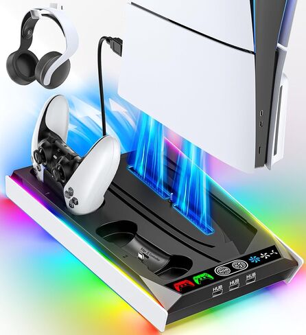 PS5 Stand for PS5 Slim Disc/PS5 Disc & Digital, 3-Level Cooling Station and RGB LED with Controller Charger for PS5 & Edge Controller, PS5 Accessories with 3 USB HUBs (Not Fit PS5 Slim Digital) in Saudi Arabia