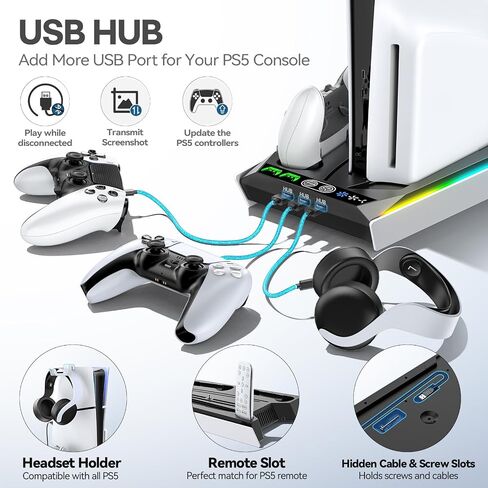 PS5 Stand for PS5 Slim Disc/PS5 Disc & Digital, 3-Level Cooling Station and RGB LED with Controller Charger for PS5 & Edge Controller, PS5 Accessories with 3 USB HUBs (Not Fit PS5 Slim Digital) in Saudi Arabia