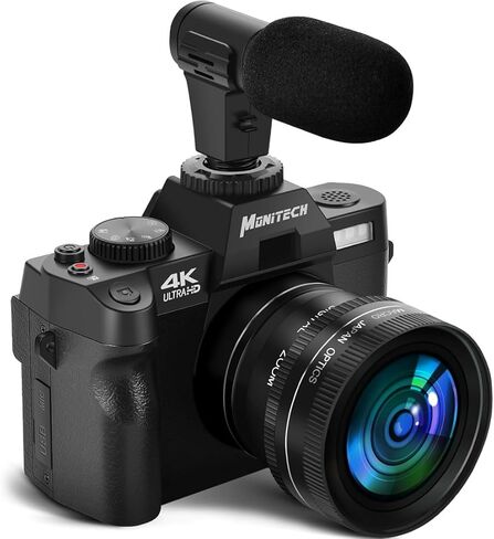 كاميرا Monitech الرقمية للتصوير الفوتوغرافي والفيديو، كاميرا تسجيل فيديو بدقة 4K بدقة 48 ميجابكسل لليوتيوب مع شاشة قلاب 180 درجة، تكبير رقمي 16X، زاوية واسعة 52 مم وعدسة ماكرو، بطاريتان، بطاقة TF سعة 32 جيجابايت، F7 in Kuwait