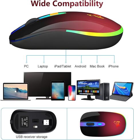ماوس كمبيوتر سلكي للكمبيوتر المحمول وسطح المكتب - ماوس ألعاب USB، إضاءة خلفية بصرية RGB - 6400 نقطة في البوصة، 7 أزرار - للاستخدام المكتبي والمنزلي in Kuwait