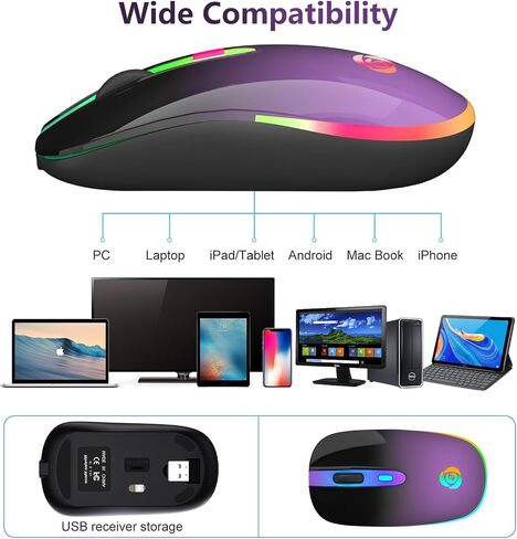 ماوس كمبيوتر سلكي للكمبيوتر المحمول وسطح المكتب - ماوس ألعاب USB، إضاءة خلفية بصرية RGB - 6400 نقطة في البوصة، 7 أزرار - للاستخدام المكتبي والمنزلي in Kuwait