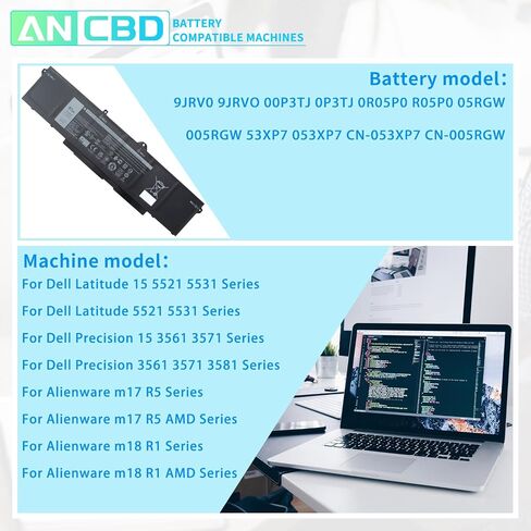 ANCBD 9JRV0 بطارية كمبيوتر محمول لـ Dell Precision 15 3561 3571 3581 Latitude 15 5521 5531 for Alienware m17 R5 m18 R1 AMD Series 9JRVO 00P3TJ 0P3TJ 0R05P0 R05P0 05RGW 005RGW 53XP7 053XP7 11.4V / 97 واط ساعي in Saudi Arabia