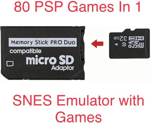محول شريحة ذاكرة PSP، إلى Memory Stick PRO Duo مع بطاقة Micro SD سعة 32 جيجابايت، وبطاقة MagicGate لجهاز Sony Playstation المحمول، وكاميرا، وكاميرا يدوية مع 80 في 1 + Retro in Kuwait