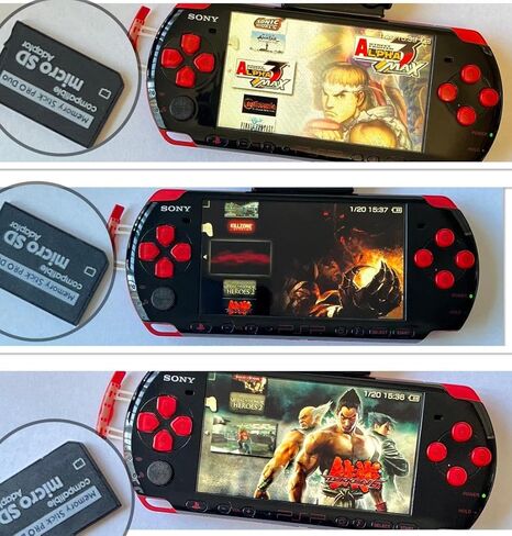 محول شريحة ذاكرة PSP، إلى Memory Stick PRO Duo مع بطاقة Micro SD سعة 32 جيجابايت، وبطاقة MagicGate لجهاز Sony Playstation المحمول، وكاميرا، وكاميرا يدوية مع 80 في 1 + Retro in Kuwait